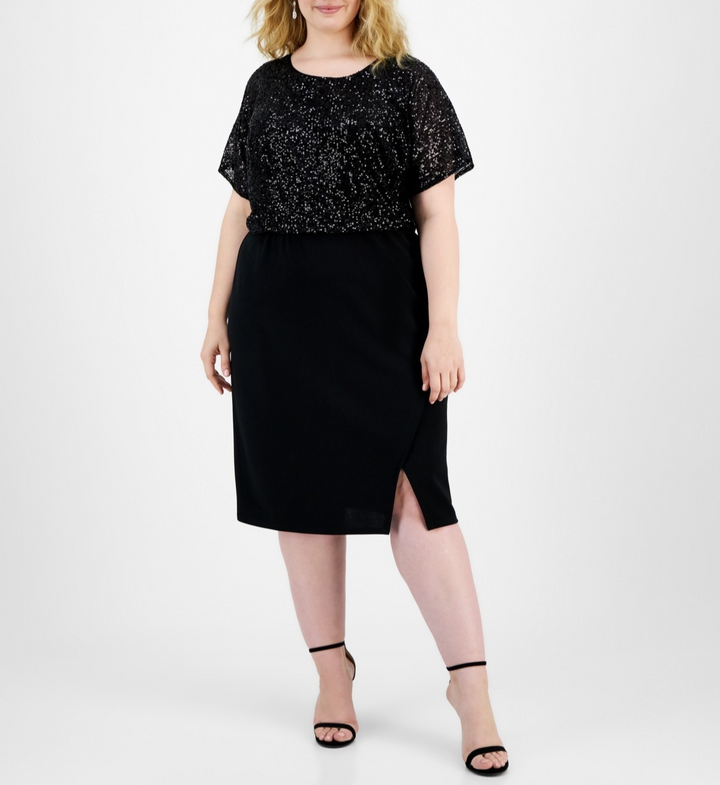 Connected Plus Size Kitty Black Sequin Popover Dress MSRP $89