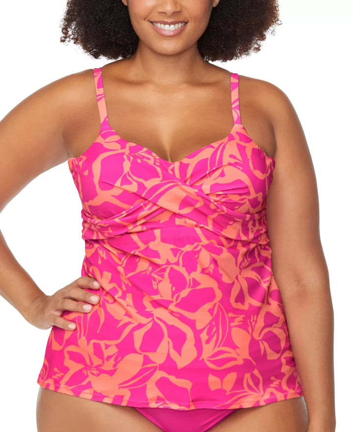 Raisins Curve Trendy Aries Printed Ruched-Front Tankini MSRP $66