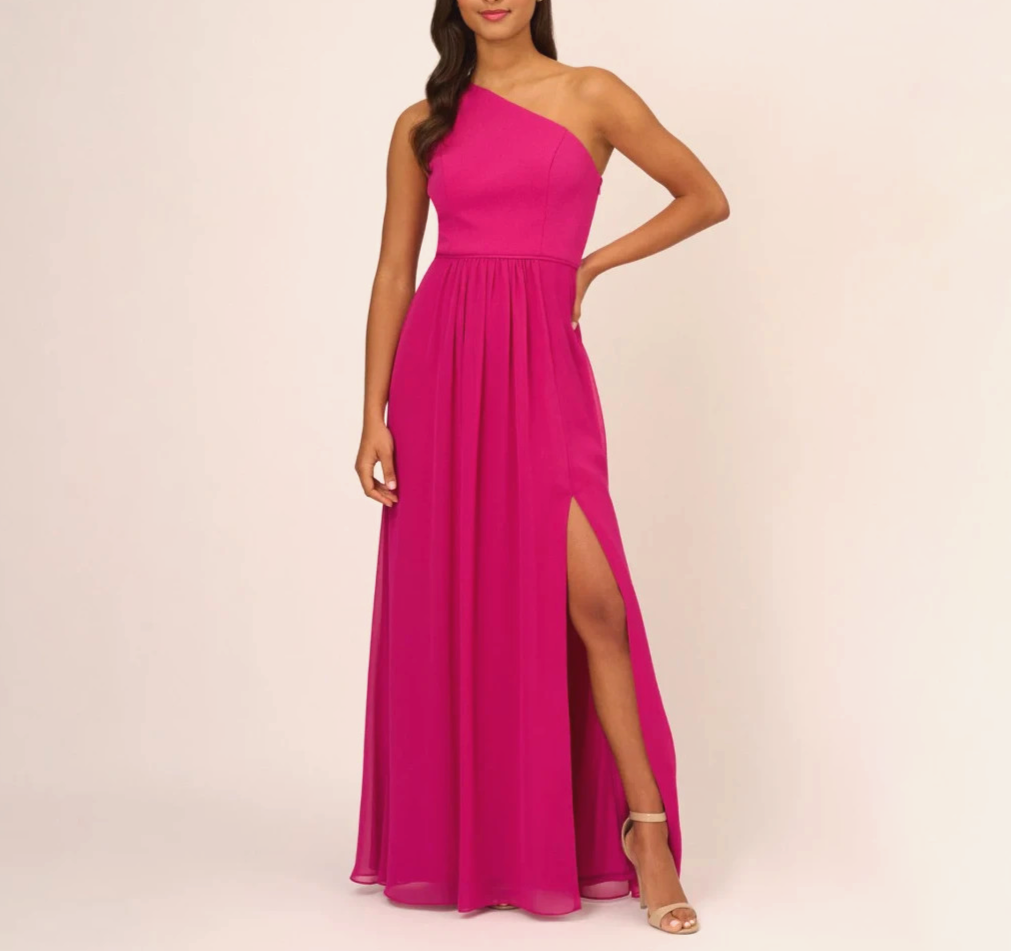 Adrianna Papell Pink One Shoulder Chiffon Gown MSRP $139