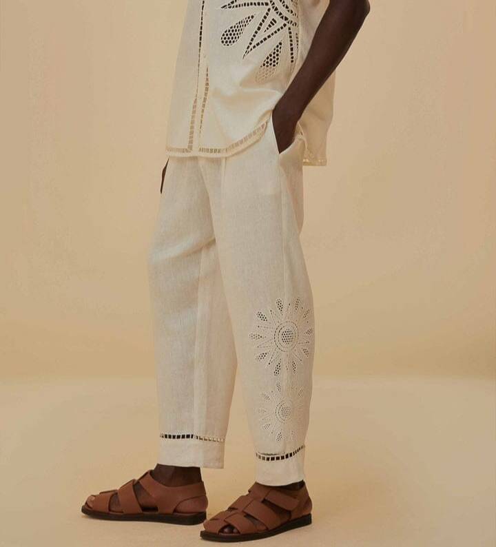 FARM Rio Maxi Sunset Richelieu Embroidered Linen Cropped Pants MSRP $210