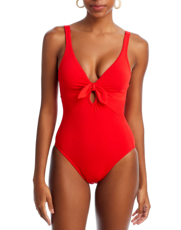 Robin Piccone Ava Plunge Neck Tie-Front One Piece Swimsuit MSRP $178