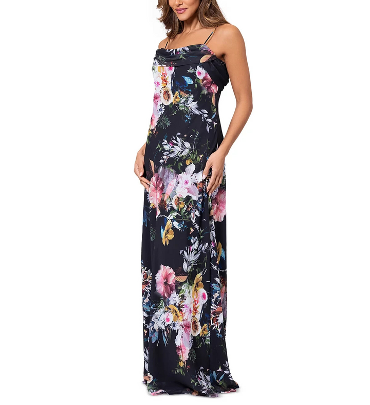 Betsy & Adam Petite Floral-Print Drape-Neck Gown MSRP $199