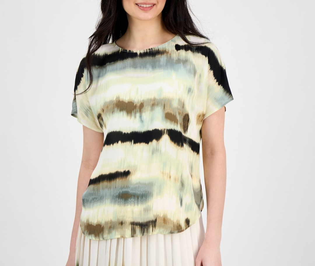 Anne Klein Women's Printed Boat Neck Short-Sleeve Top MSRP $69