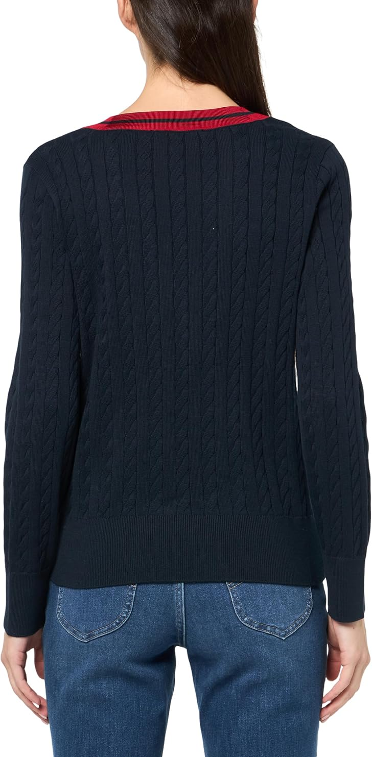 Tommy Hilfiger Women's Contrast Stripe V-Neck Cable Knit Sweater MSRP $79.50