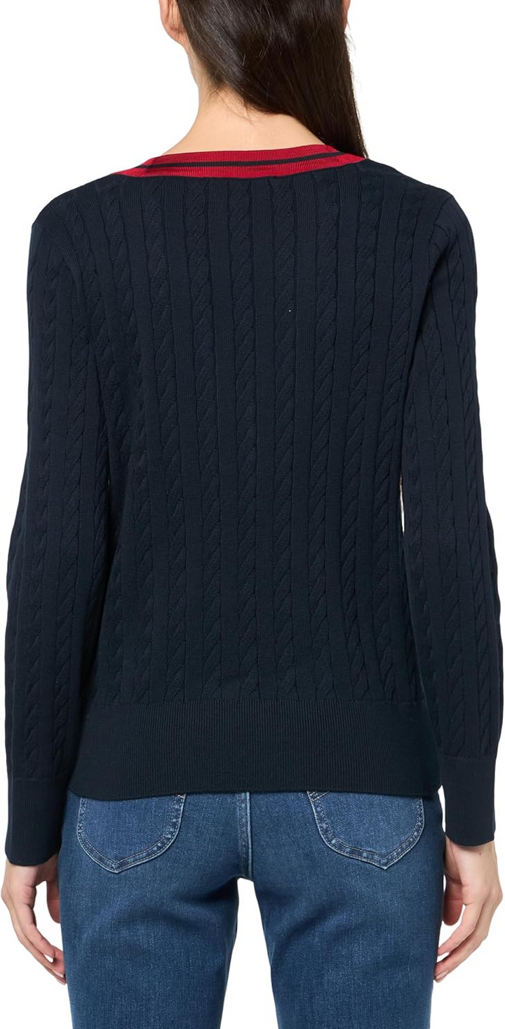 Tommy Hilfiger Women's Contrast Stripe V-Neck Cable Knit Sweater MSRP $79.50