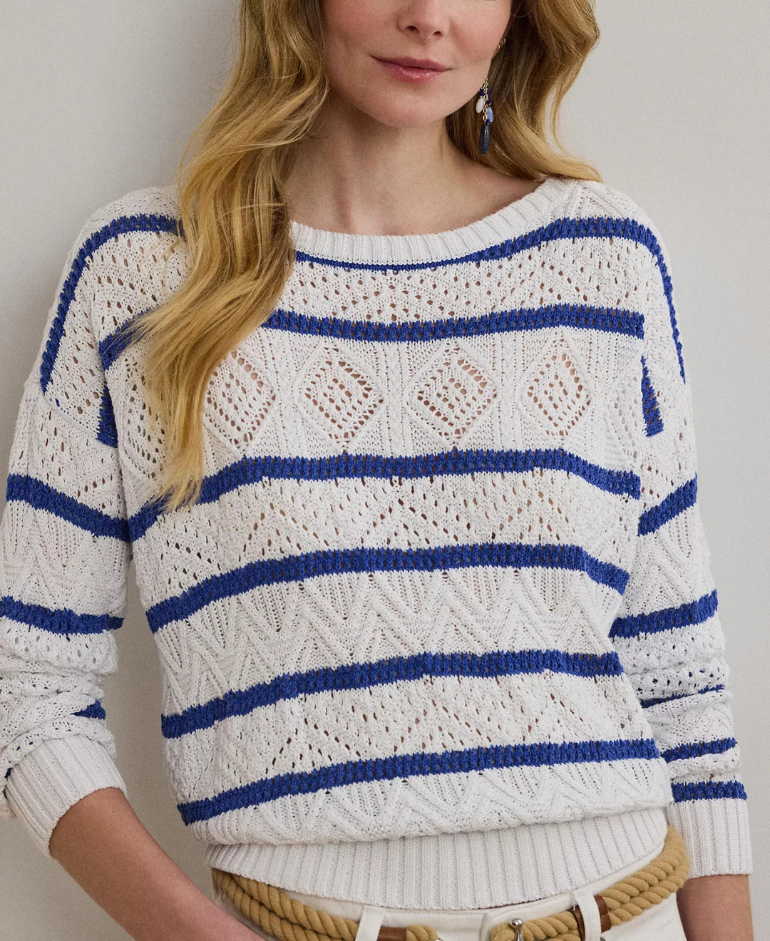 Lauren Ralph Lauren Striped Pointelle Cotton-Blend Sweater MSRP $195
