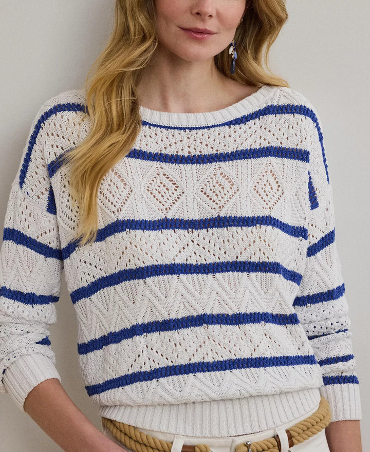 Lauren Ralph Lauren Striped Pointelle Cotton-Blend Sweater MSRP $195