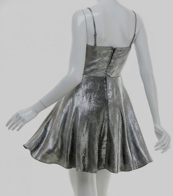 City Studios Juniors' Drape-Neck Sleeveless Fit & Flare Foil Dress MSRP $69