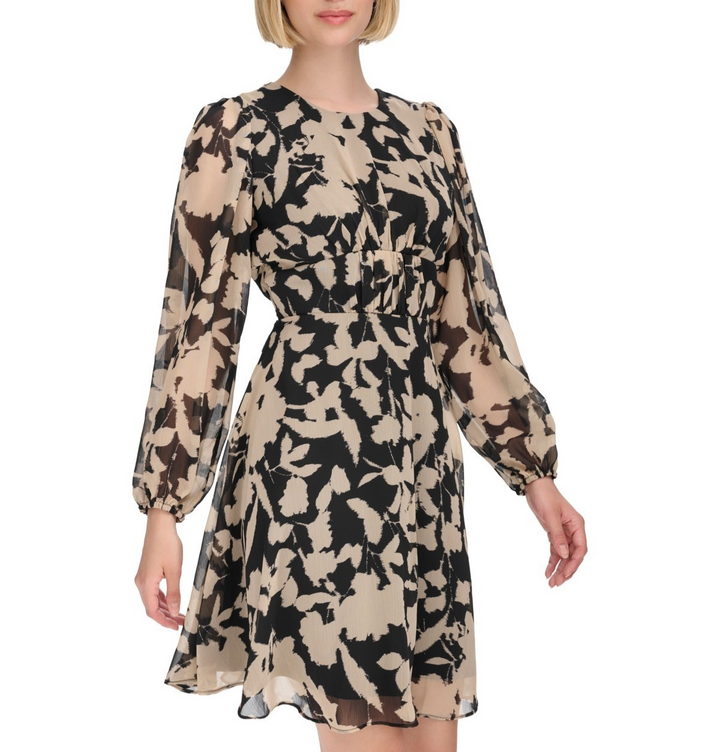 Calvin Klein Printed Jewel-Neck Long-Sleeve Dress MSRP $ 134