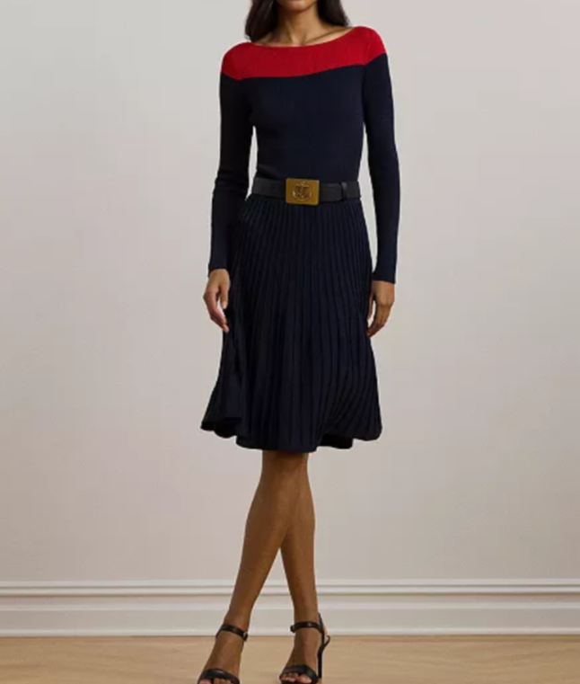 Lauren Ralph Lauren Two-Tone Pointelle-Knit Dress MSRP $265
