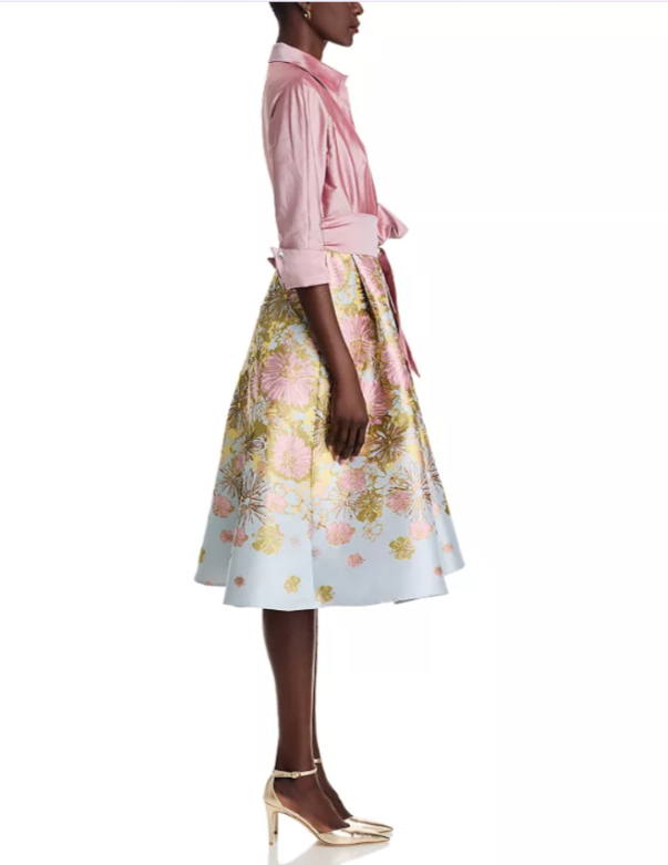 Teri Jon by Rickie Freeman Mixed Media Floral Jacquard Shirt Dress MSRP $610