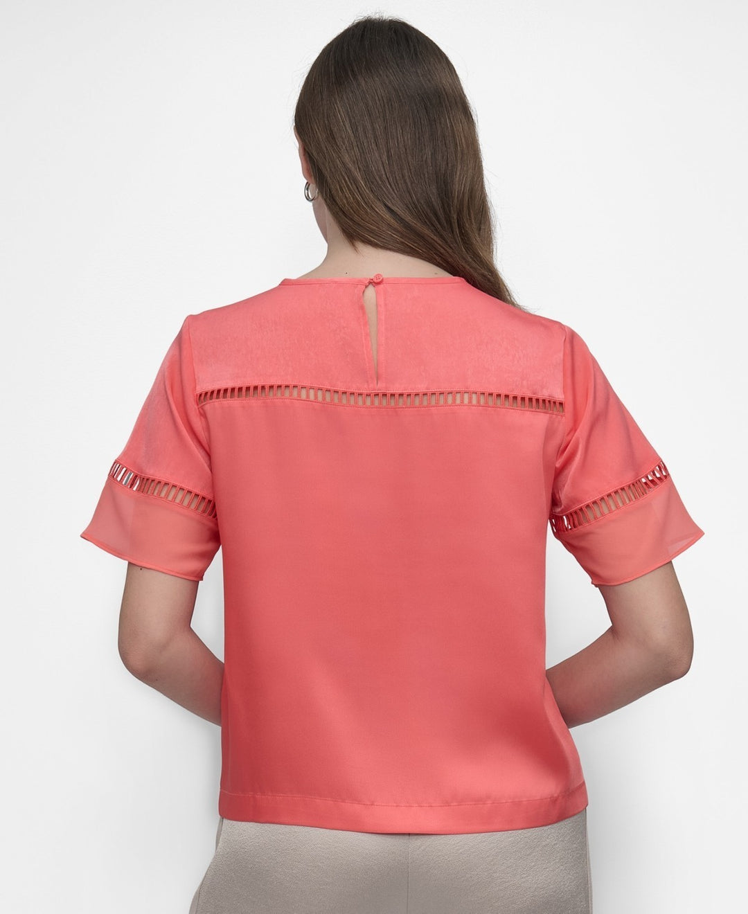 DKNY Women's Crewneck Ladder-Lace-Inset Short-Sleeve Top MSRP $69