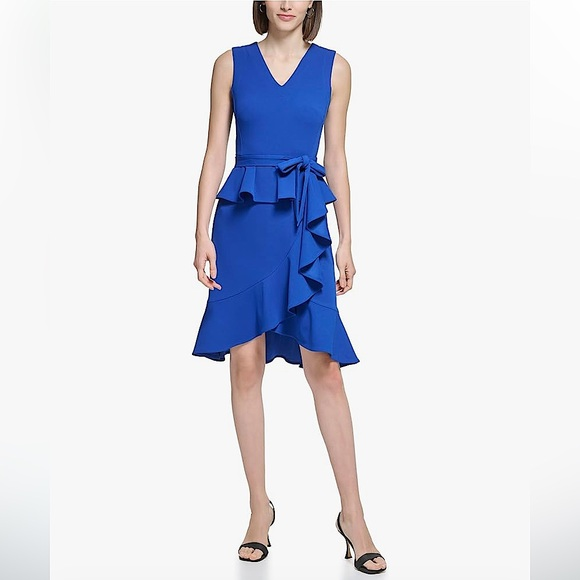 Calvin Klein V Neck Belted Ruffle Dress MSRP $134