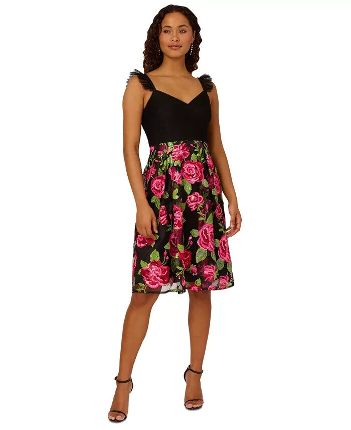 Adrianna Papell Women's Rose-Embroidered-Mesh Dress MSRP $249