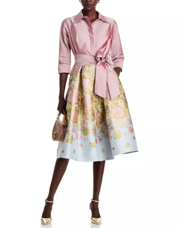 Teri Jon by Rickie Freeman Mixed Media Floral Jacquard Shirt Dress MSRP $610