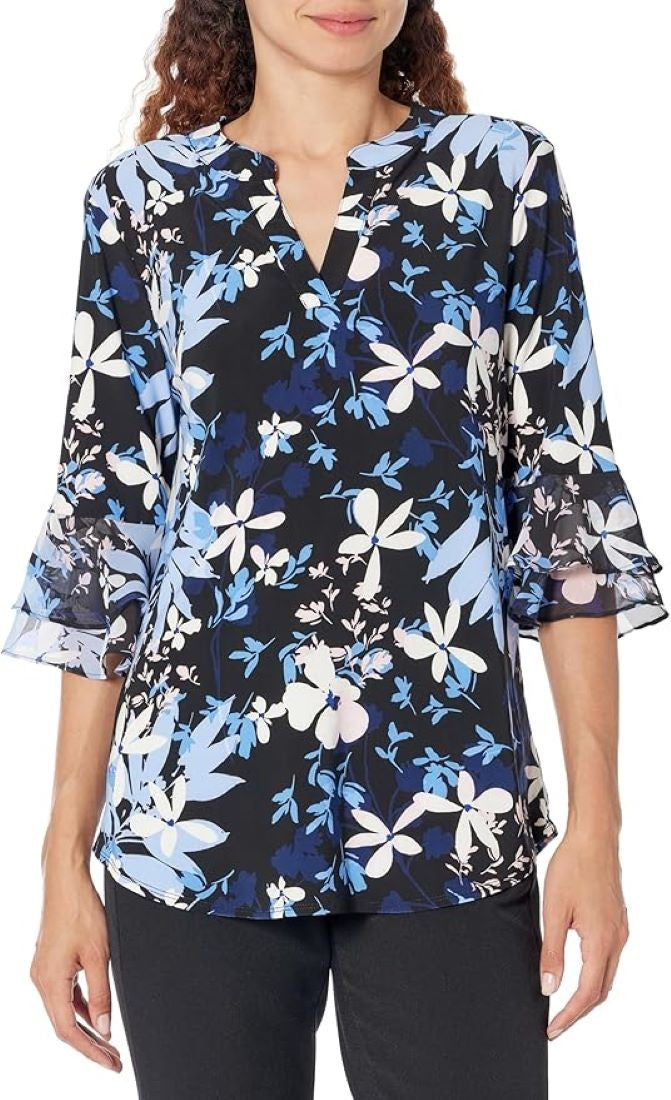 Kasper Printed Split-Neck Flutter-Sleeve Tunic MSRP $69