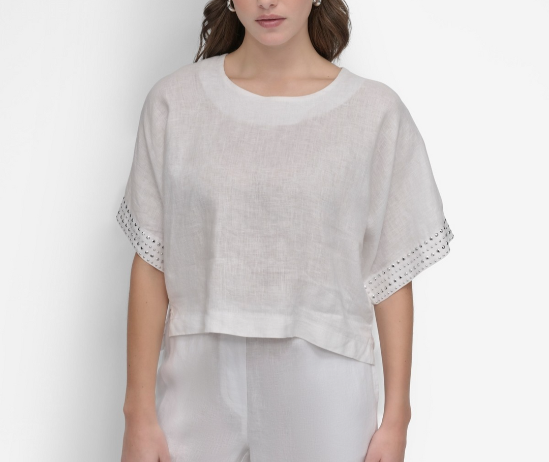 DKNY Women's Cropped Short-Sleeve Studded Linen Top MSRP $89