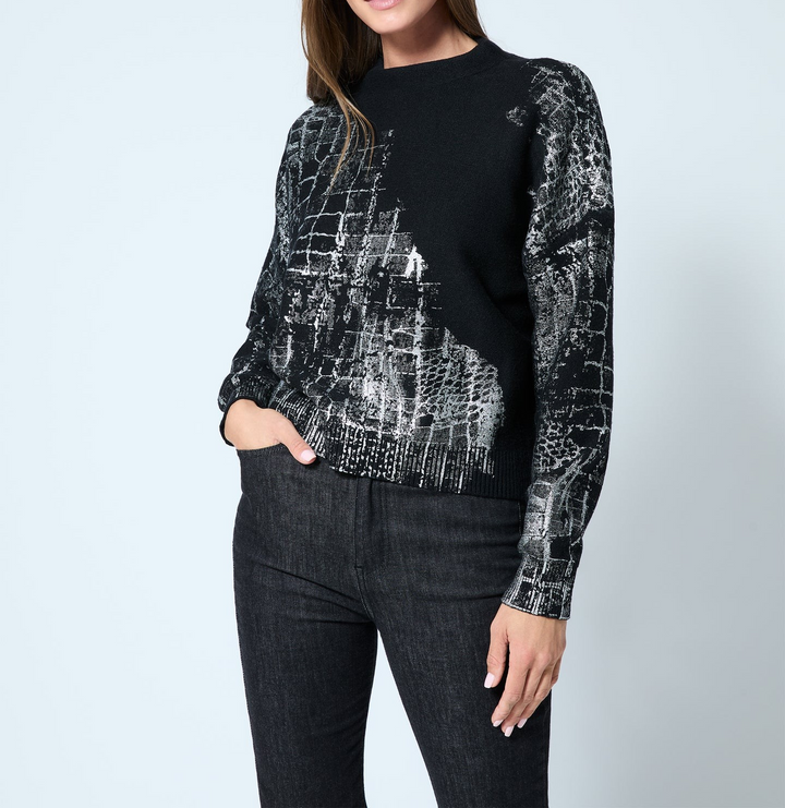 Adrienne Landau Crocodile Foil Print Funnel Neck Sweater MSRP $295