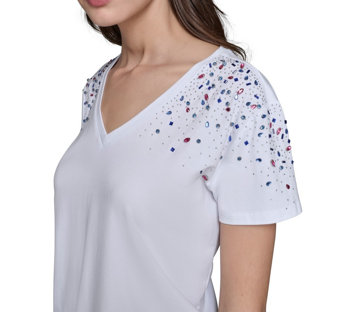 KARL LAGERFELD PARIS Women's Embellished V-Neck T-Shirt MSRP $79