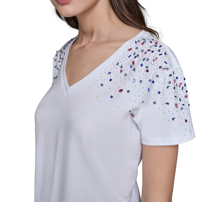 KARL LAGERFELD PARIS Women's Embellished V-Neck T-Shirt MSRP $79