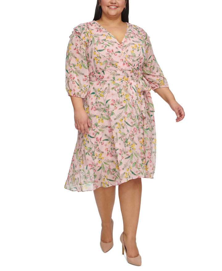 Tommy Hilfiger Plus Size Floral Chiffon 3/4-Sleeve Midi Dress MSRP $149