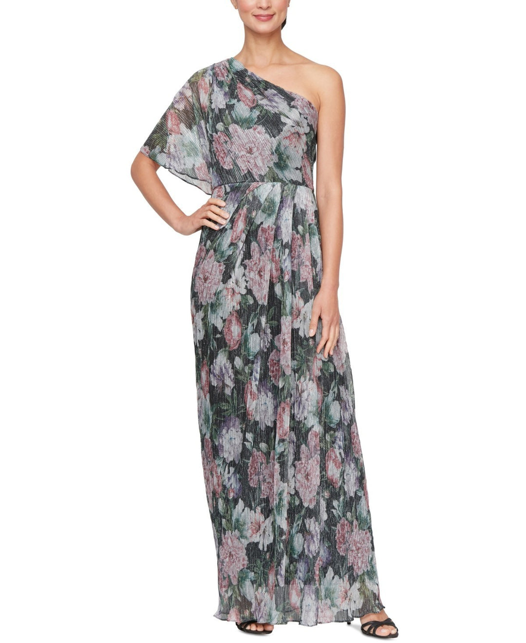 SL Fashions Women's Asymmetric-Neck Printed A-Line Gown MSRP $139
