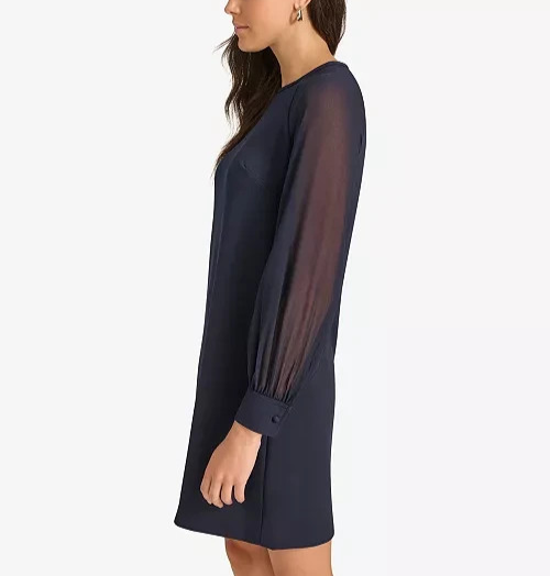 Calvin Klein Petite Sheer-Sleeve Jewel-Neck Shift Dress MSRP $134