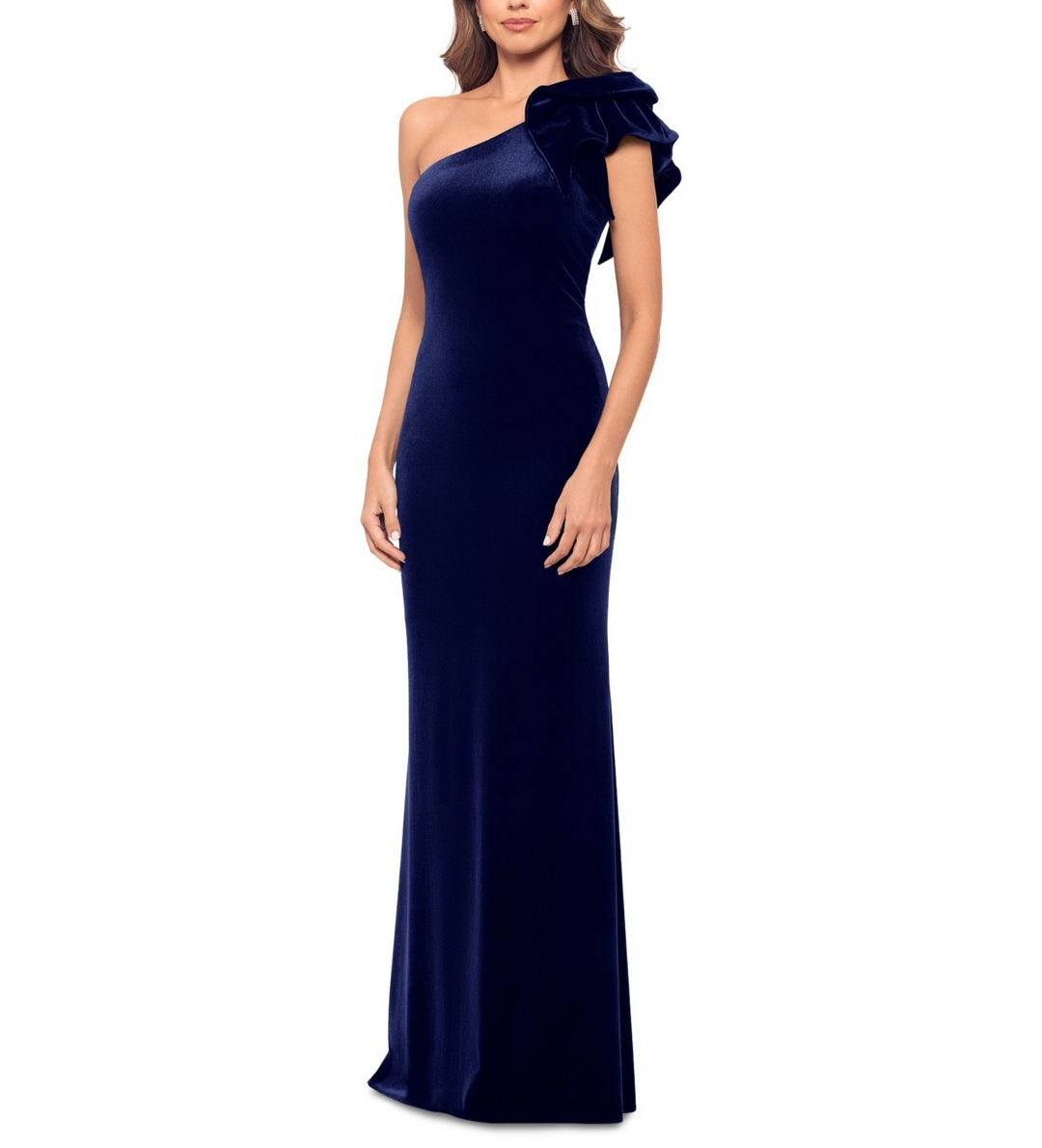 Betsy & Adam Asymmetric Ruffled Sleeveless Velvet Gown MSRP $269