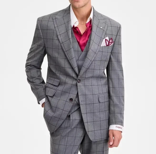 Tayion  Classic-Fit Gray & Burgundy Check Suit Separate Jacket MSRP $360