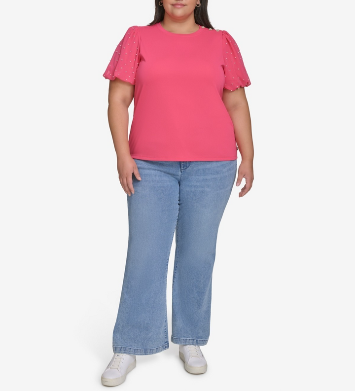 KARL LAGERFELD PARIS Plus Size Embellished Puff-Sleeve T-Shirt MSRP $99