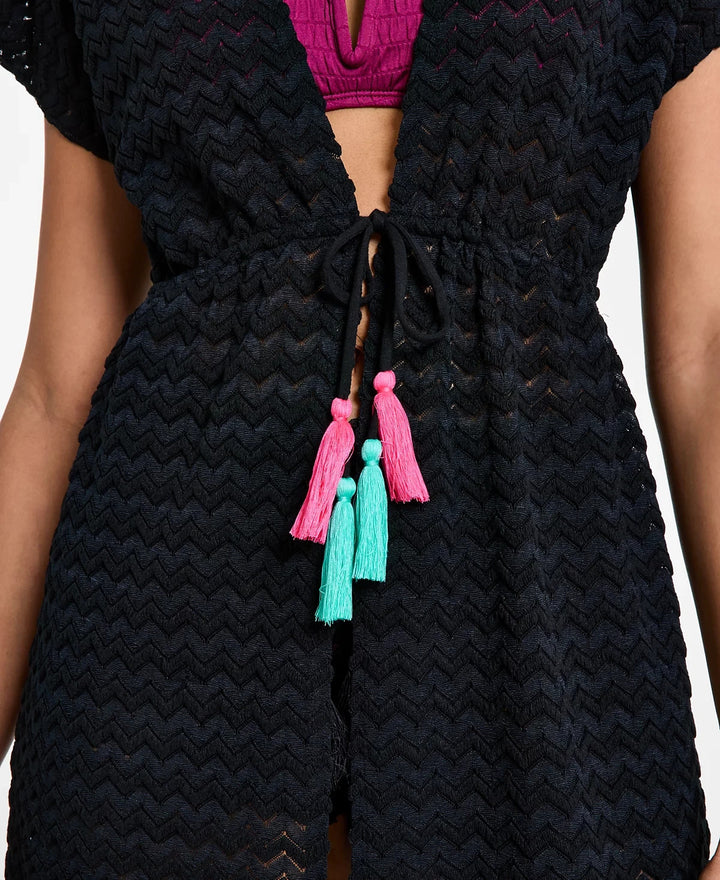 Miken Juniors' Crochet Tassel-Trimmed Tie-Front Kimono Cover-Up MSRP $34