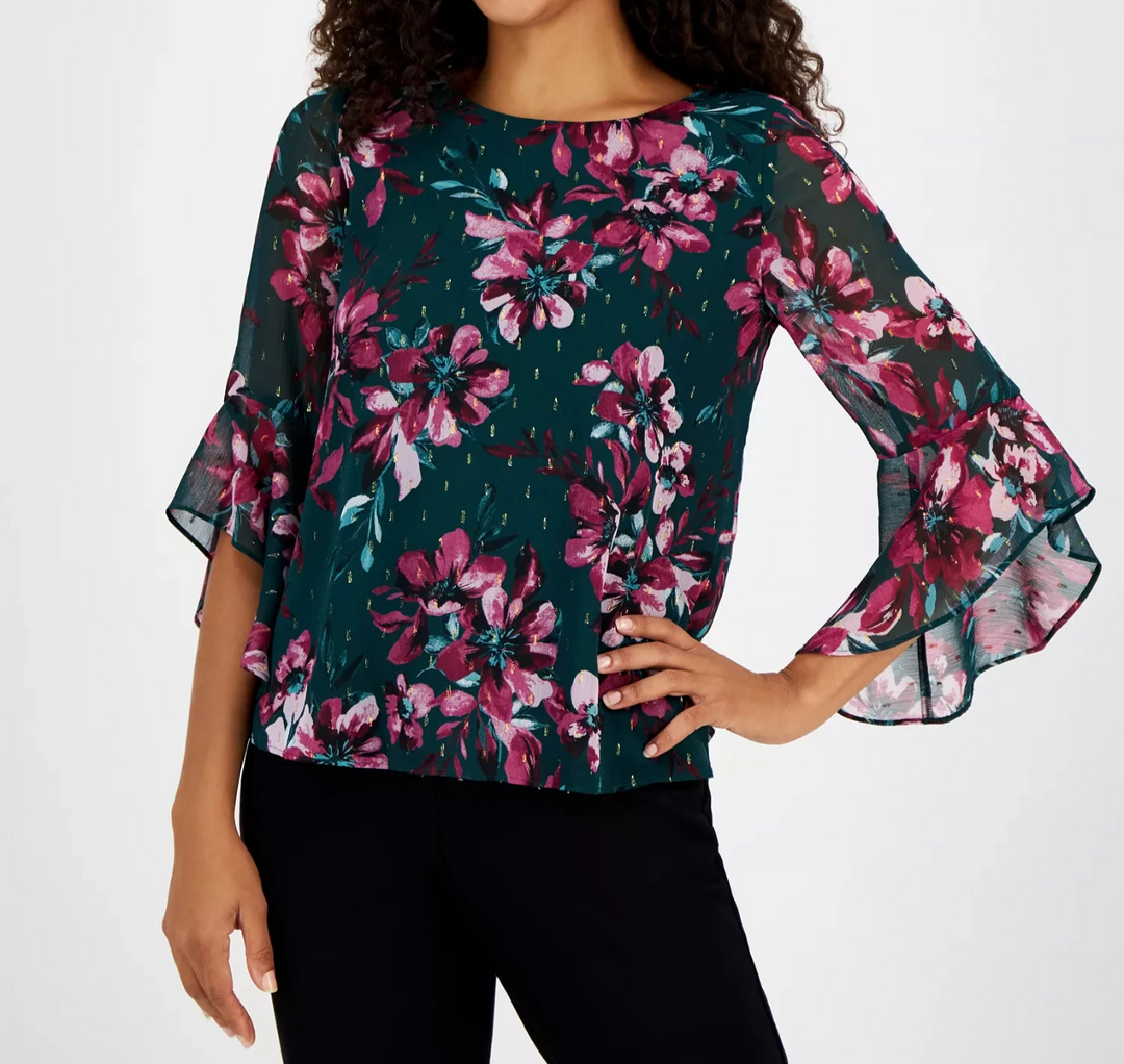 Kasper Petite Floral-Print Ruffled-Sleeve Blouse MSRP $69