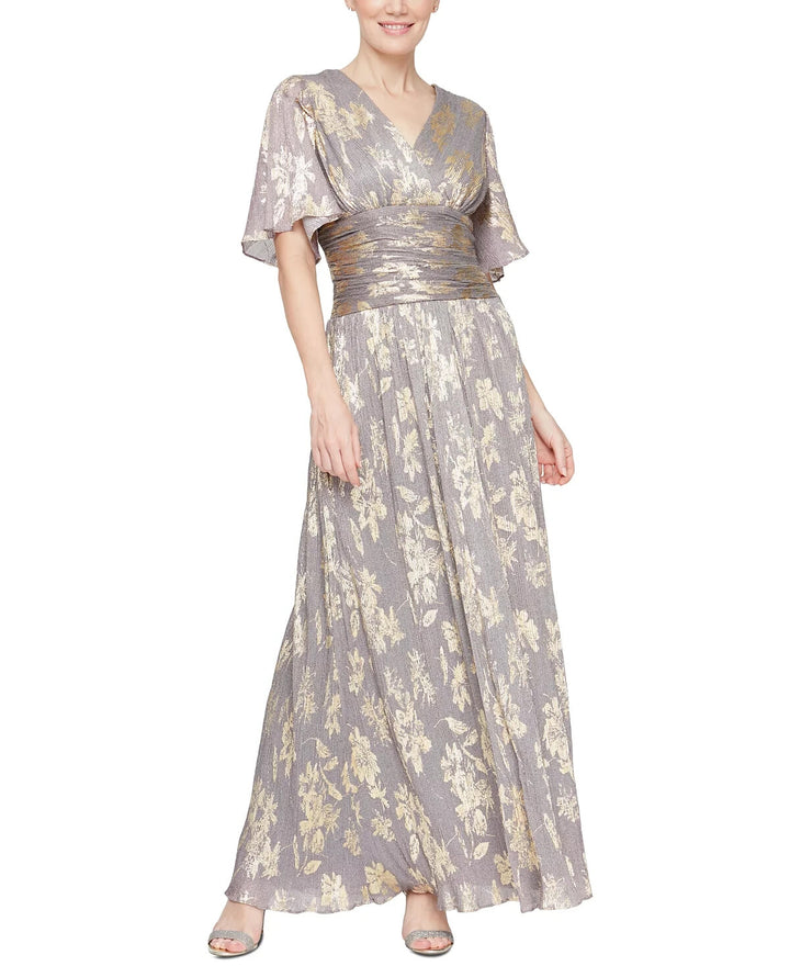SL Fashions Foil-Print V-Neck Ruched-Waist Gown MSRP $139