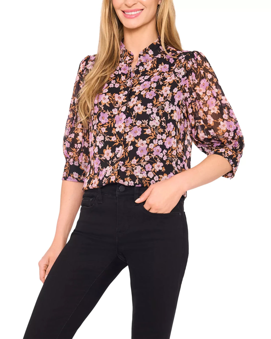 CeCe Printed Ruched Sleeve Top MSRP $69