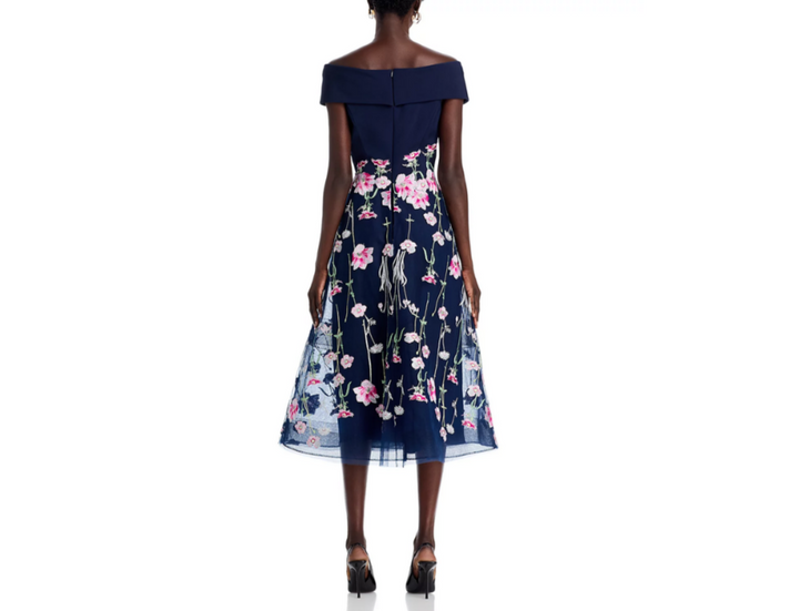 Teri Jon by Rickie Freeman Crepe Off-the-Shoulder Embroidered Tulle Dress $660