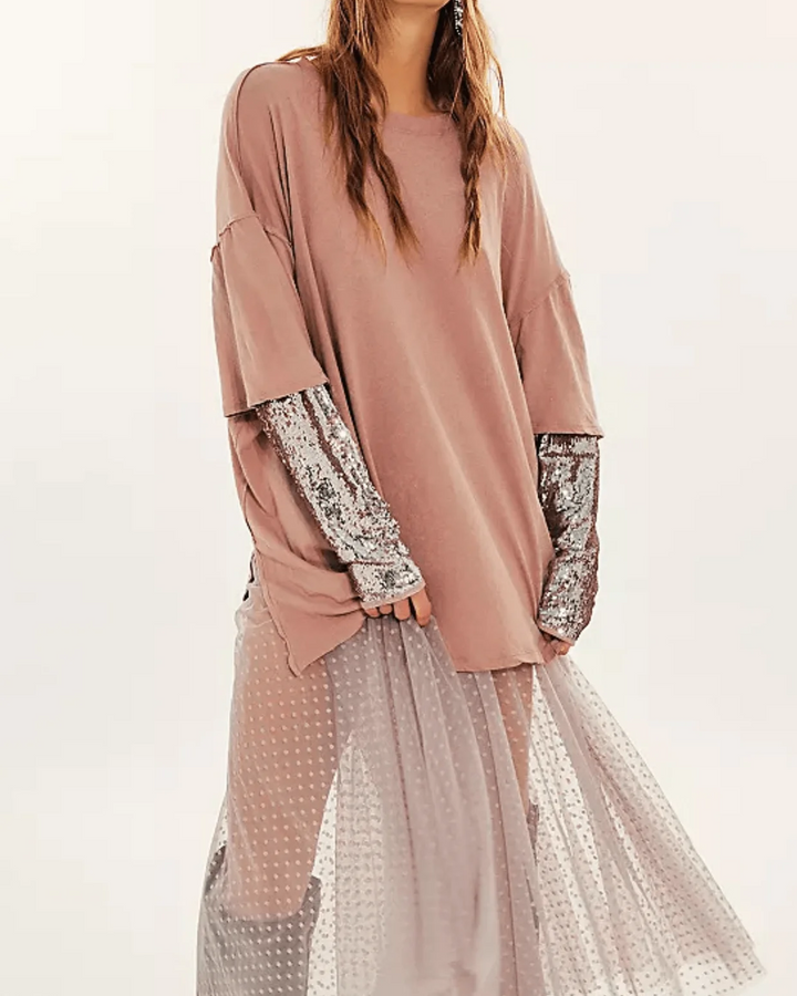 Free People Nellie Sequin Sleeve Tee MSRP $98