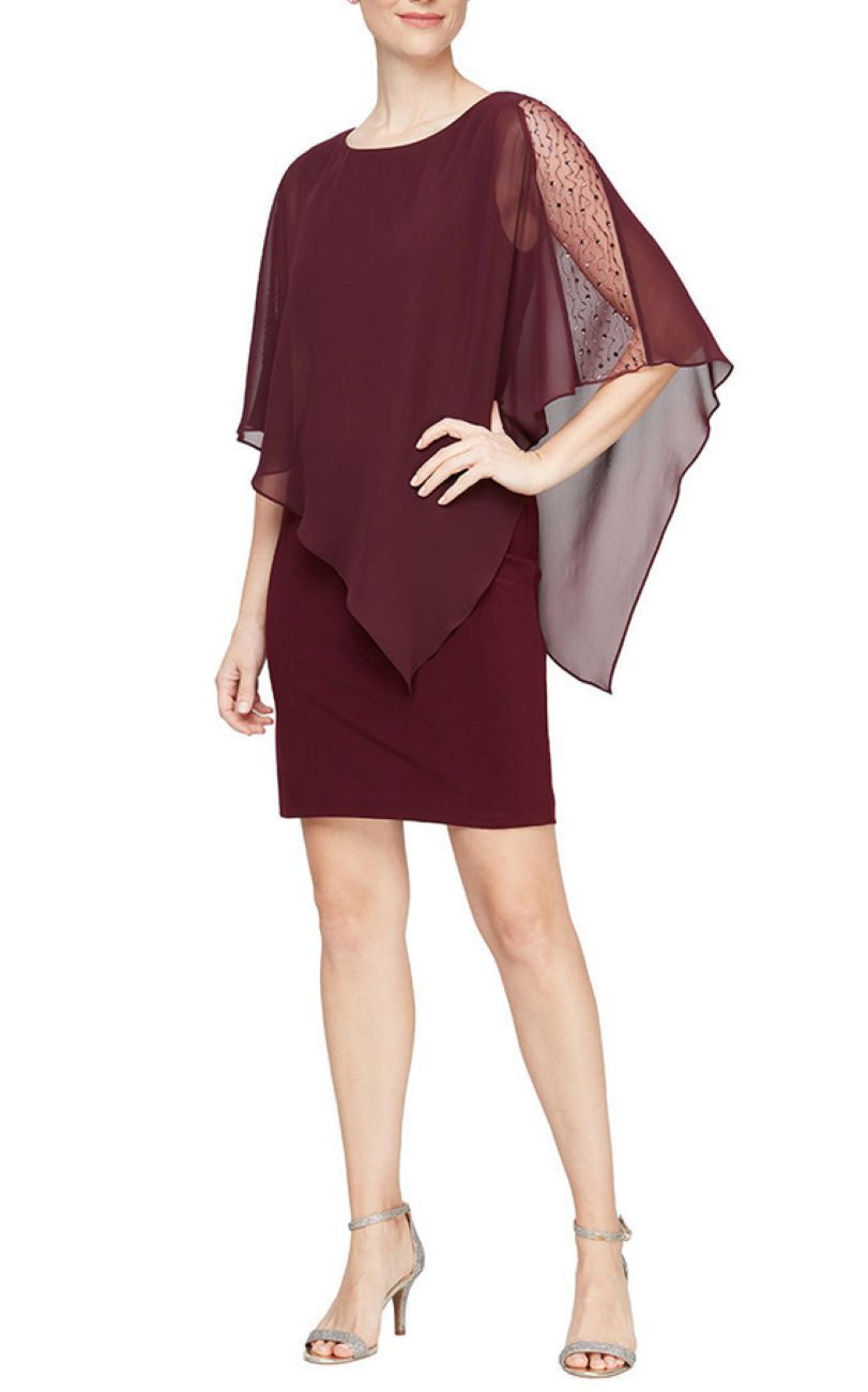 SL Fashions Chiffon-Cape-Sleeve Sheath Dress MSRP $119