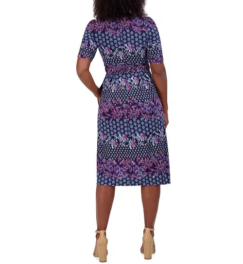Jessica Howard Printed Ruched-Sleeve Midi Dress MSRP $109