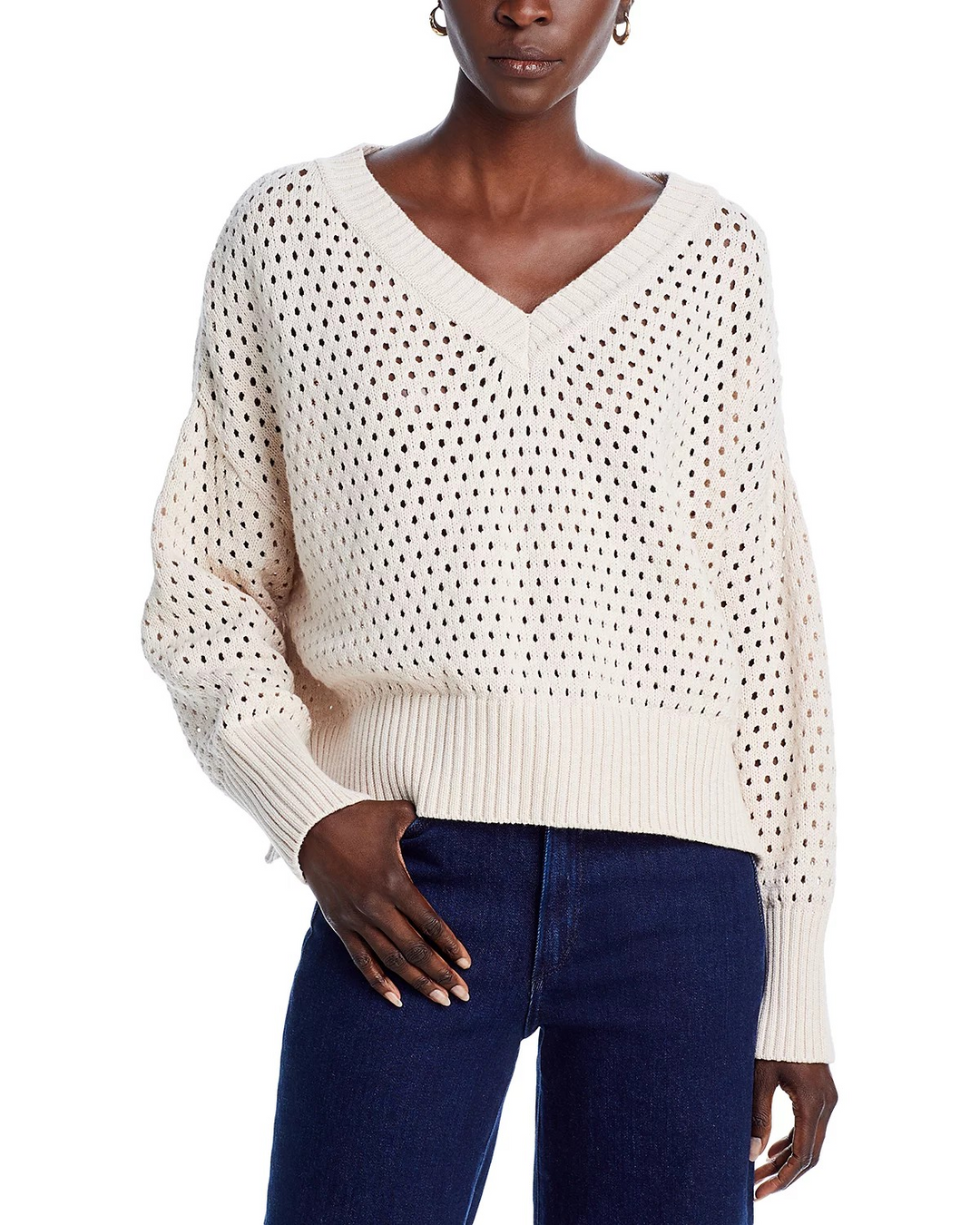 FRENCH CONNECTION Nini Crochet Long Sleeve Cotton Pullover Sweater MSRP $118