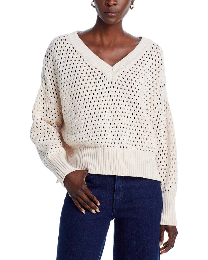 FRENCH CONNECTION Nini Crochet Long Sleeve Cotton Pullover Sweater MSRP $118