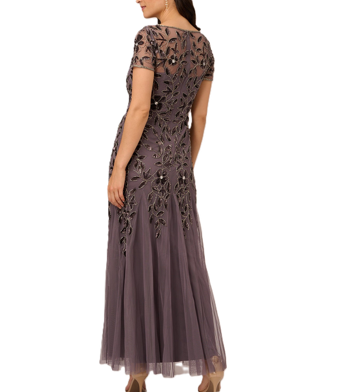Adrianna Papell Hand Beaded Short Sleeve Floral Godet Gown MSRP $300