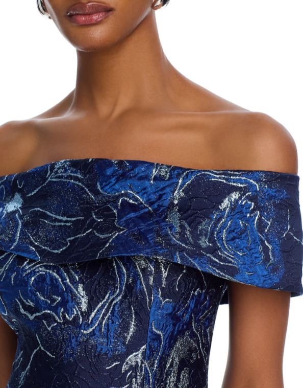 Teri Jon by Rickie Freeman Off-the-Shoulder Metallic Floral Jacquard Gown $880