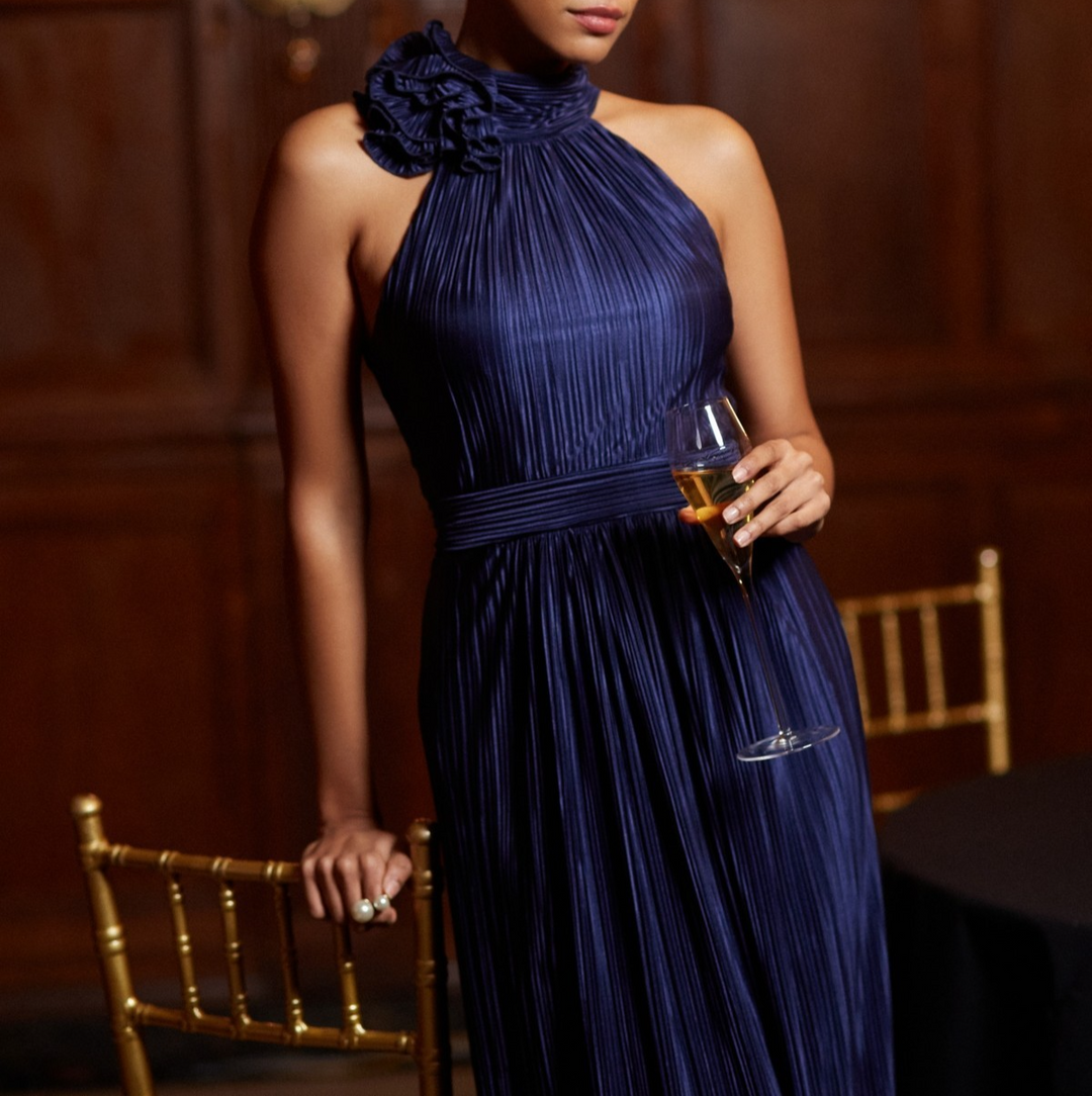 Betsy & Adam Women's Mock Neck Pleated Halter Gown MSRP $279
