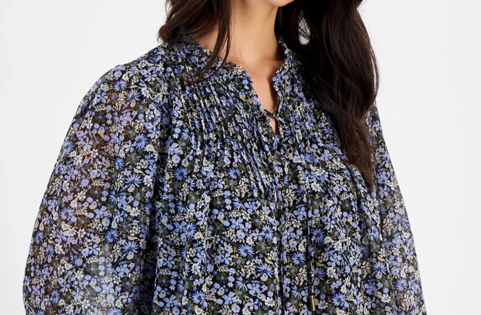 Nautica Jeans Floral-Print Lace-Up Pleated Top MSRP 69.50