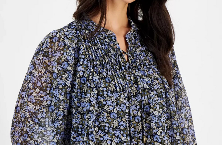Nautica Jeans Floral-Print Lace-Up Pleated Top MSRP 69.50