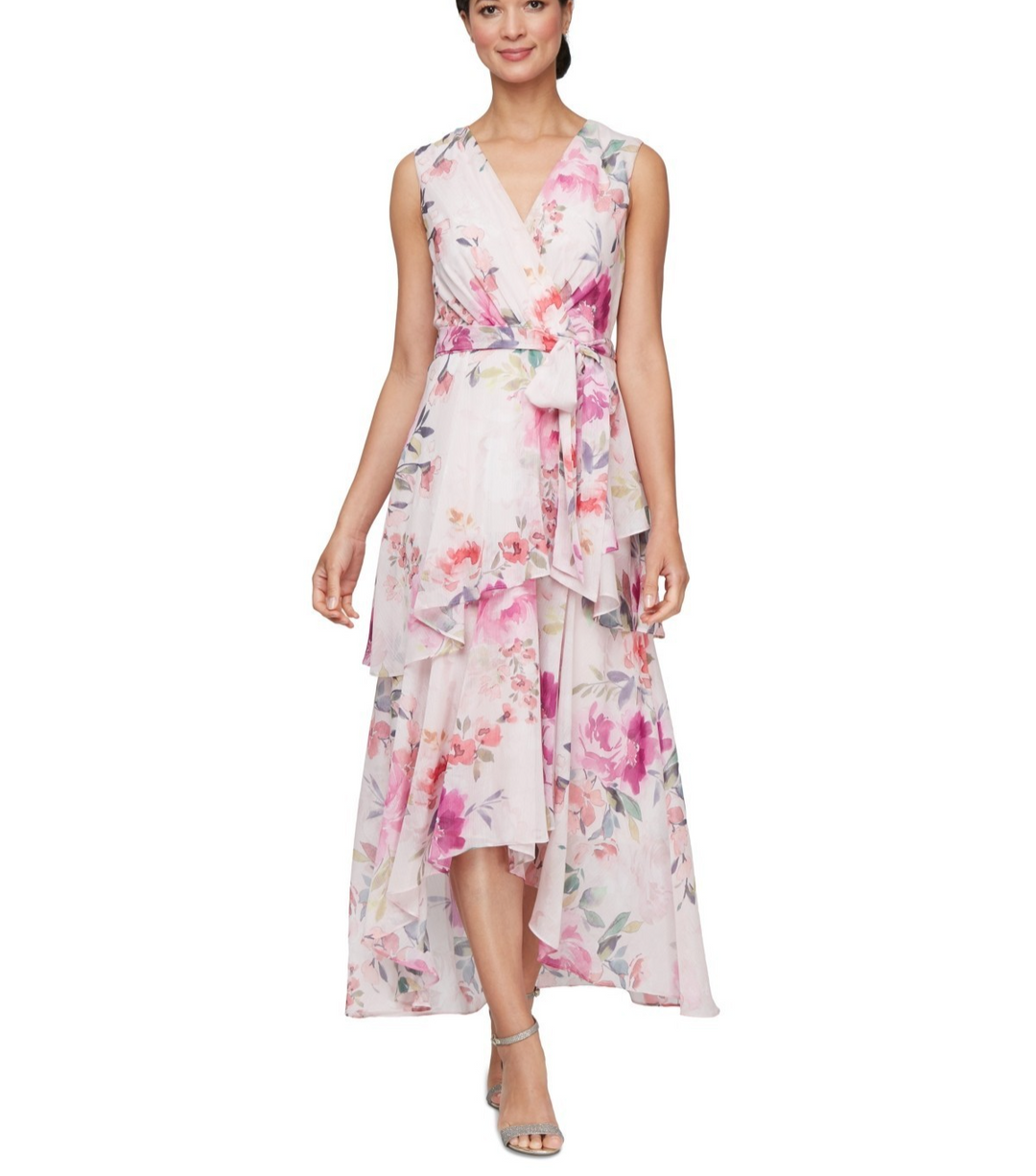 SL Fashions Women's Floral-Print Chiffon High-Low Dress MSRP $129