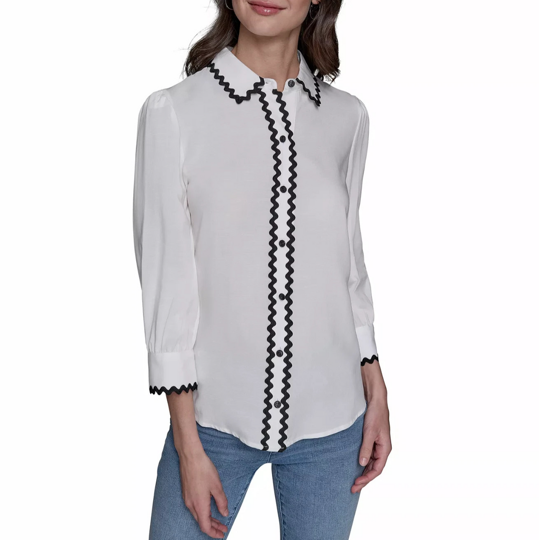 KARL LAGERFELD PARIS Contrast-Trim Button-Front Top MSRP $109