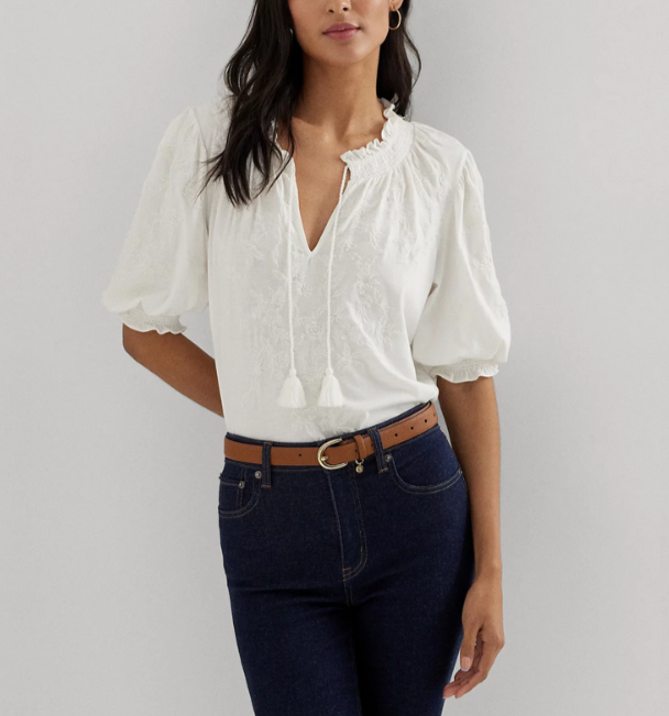 Lauren Ralph Lauren Embroidered Puff-Sleeve Top MSRP $145