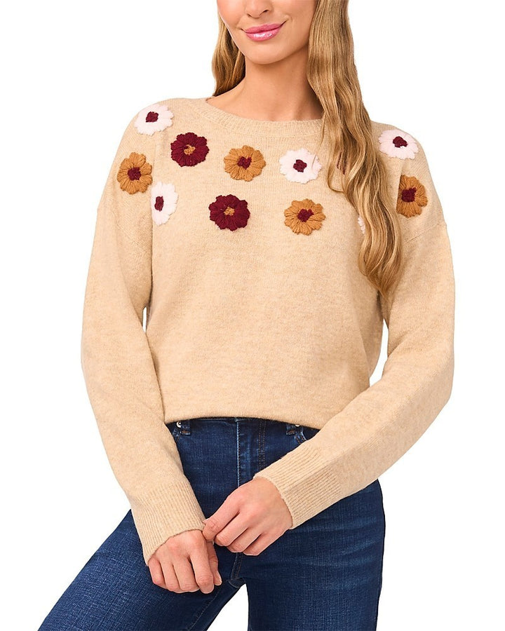 CeCe Multicolor Embroidered Flower Long Sleeves Sweater MSRP $89