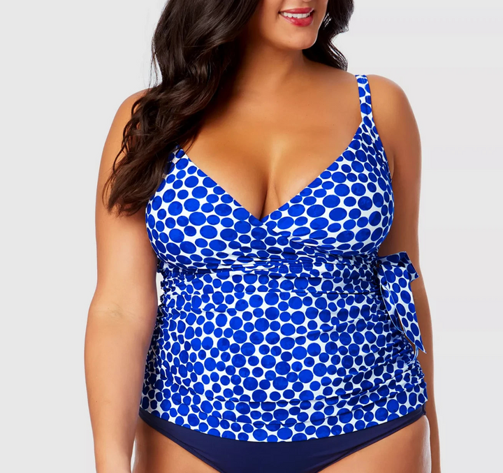 Anne Cole Plus Size Denim Dot Wrap-Tie Tankini Top MSRP $86